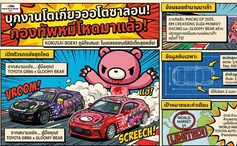 Kokusai Boeki เตรียมจำหน่ายรถโมเดลรุ่นลิมิเต็ดลาย Gloomy Bear ในงาน Tokyo Auto Salon Toyota GR86 x Gloomy Bear 2025 Macau GP โมเดลสเกล 1/64