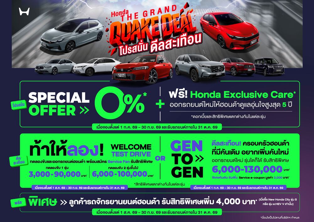 ฮอนด้า ยกทัพ e:HEV และ EV จัดเต็มในงาน BIG MOTOR SALE 2026 ตั้งแต่ 21 – 30 ส.ค. 2569 นำโดย Honda City ใหม่ และ Honda Civic e:HEV ใหม่ ที่มาพร้อม Honda S+ Shift พิเศษ! เปิดให้สัมผัสและทดลองขับ Honda Super-ONE รถ EV น้องใหม่สุดจี๊ด เฉพาะในงาน พร้อมข้อเ